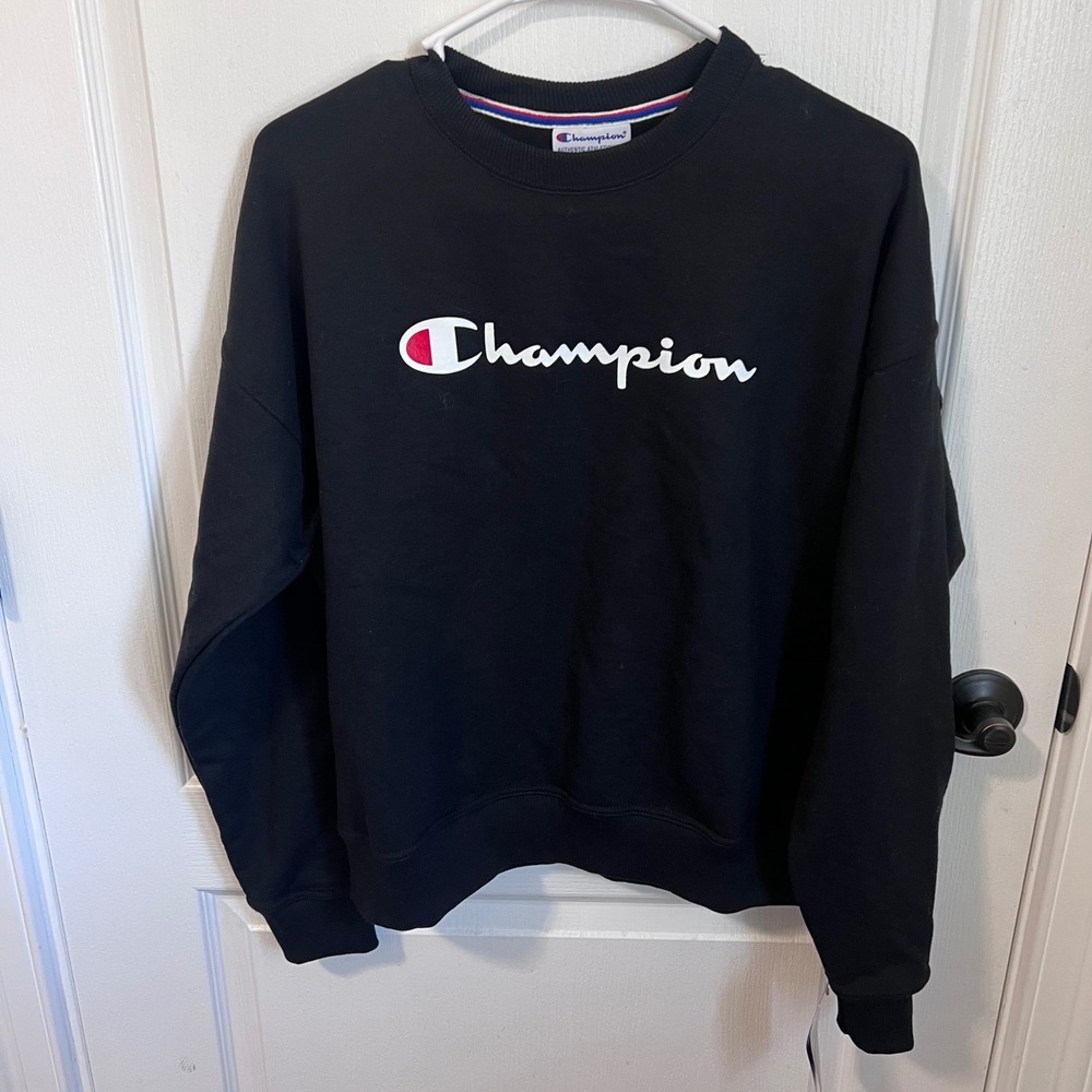 Champion Women Powerblend Fleece Pullover Sweatshirt Black Script Logo GF535 S